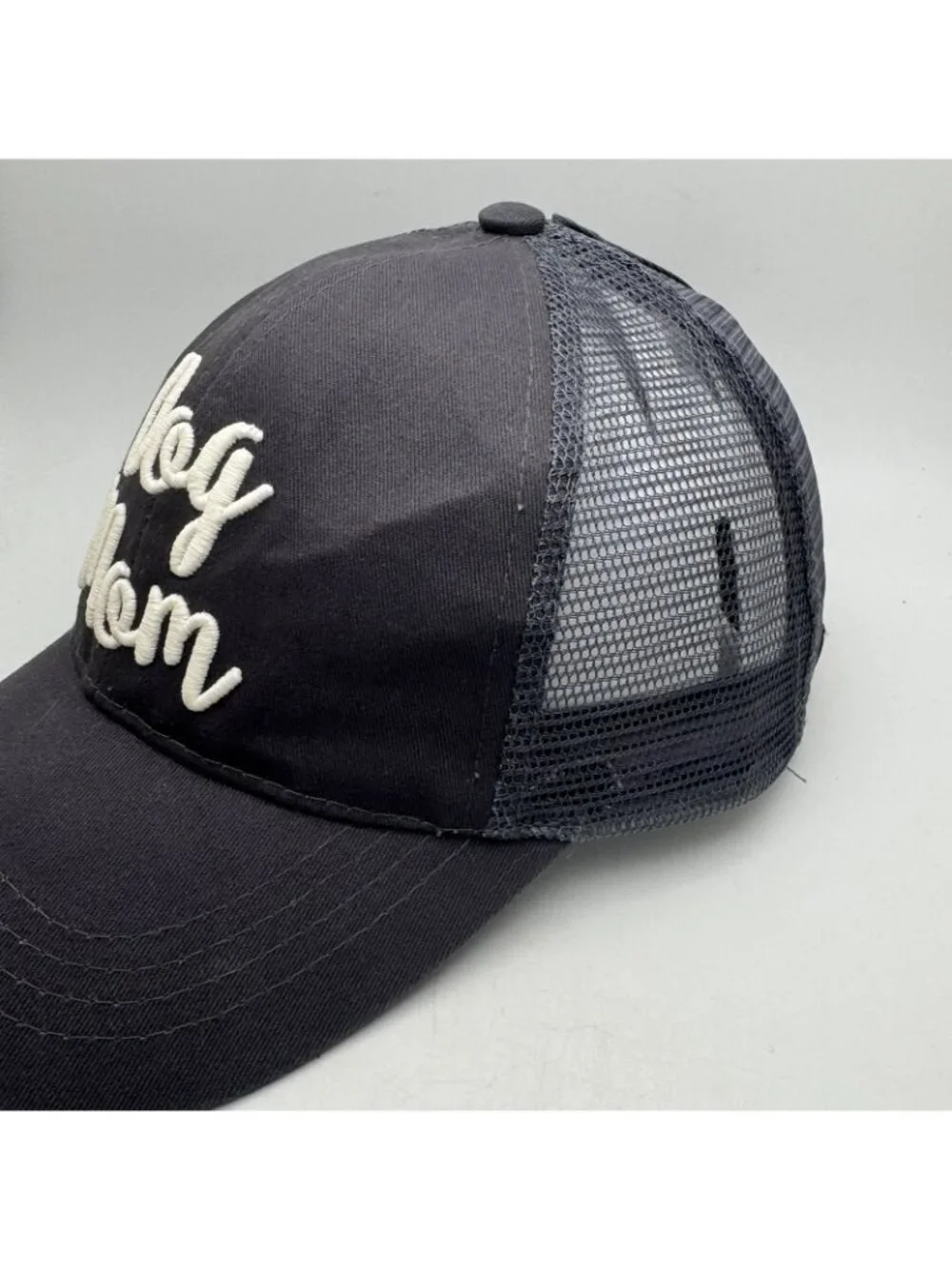 C.C Criss Cross Ponytail Hat Dog Mom Embroidered Mesh Trucker Cap Gray White